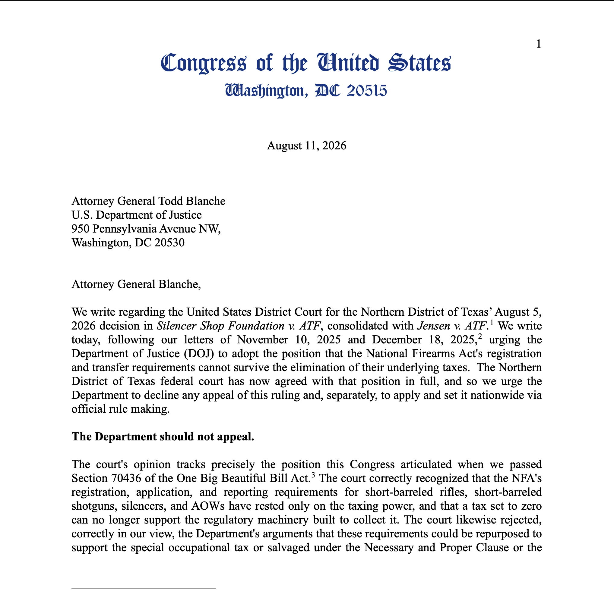 47 Lawmakers Press DOJ to Apply NFA Ruling Nationwide as Stay Expires