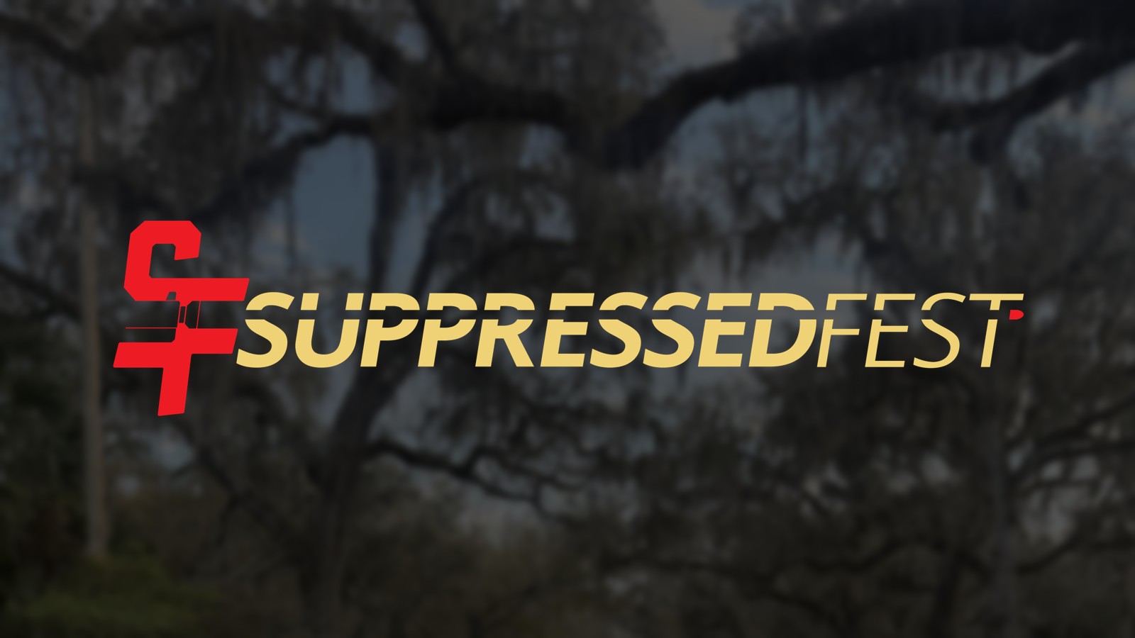 Suppressed Fest logo over the oak-lined range at Ares Firearms Training Center in Leesburg, Florida